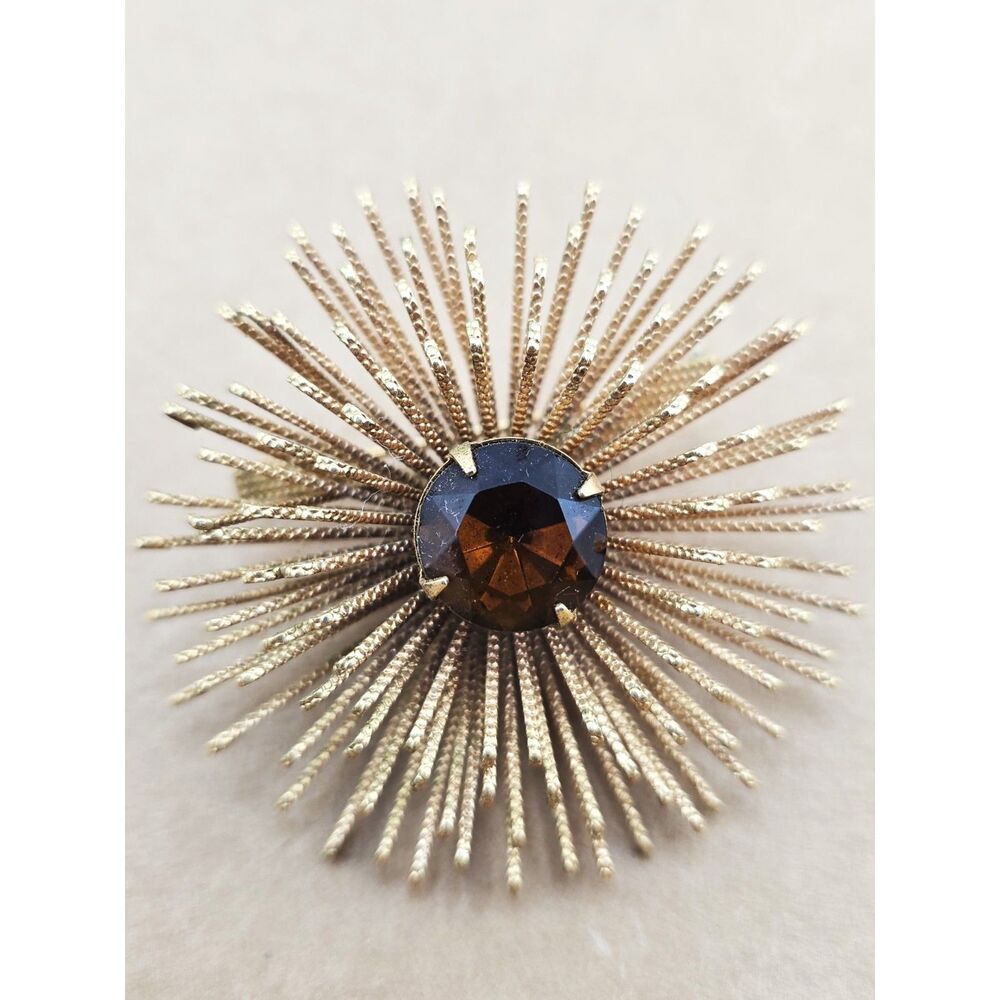 Vtg. Sarah Coventry Starburst Brooch Pin Golden Mum Brown Topaz Rhinestone